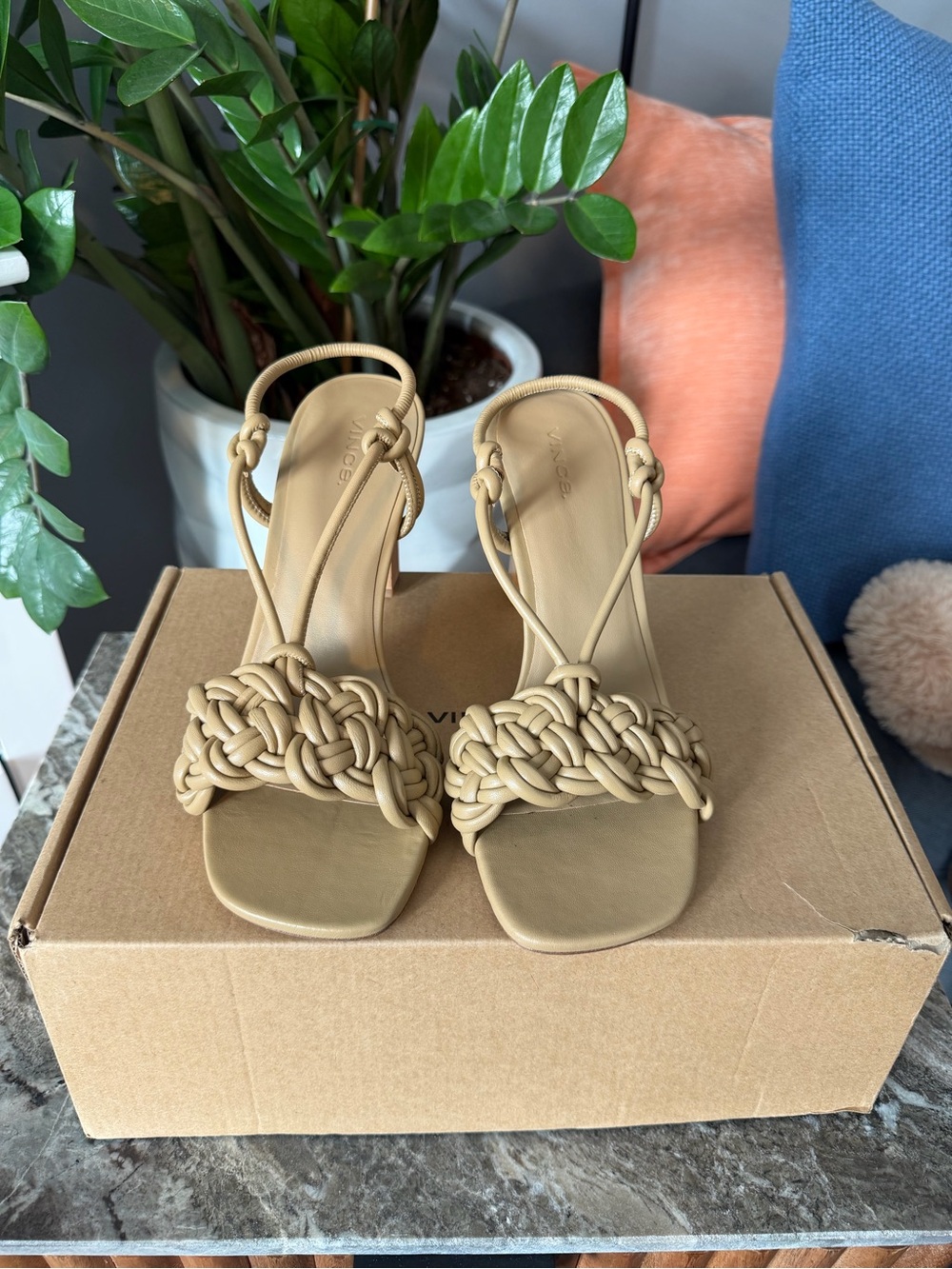 Vince Tan Braided Strap Slingback Heeled Sandals